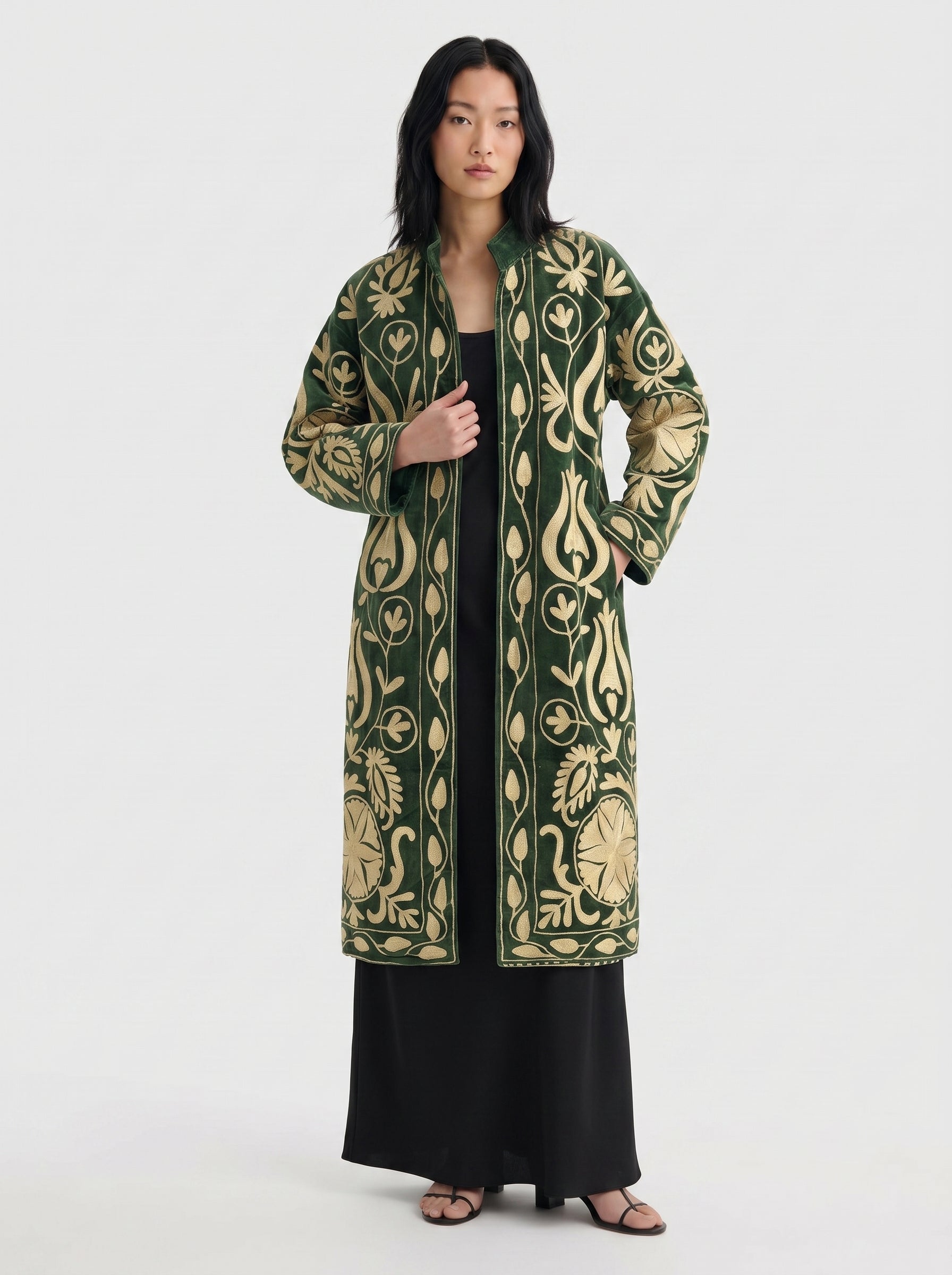 Forest Green Tulip Velvet Suzani Coat