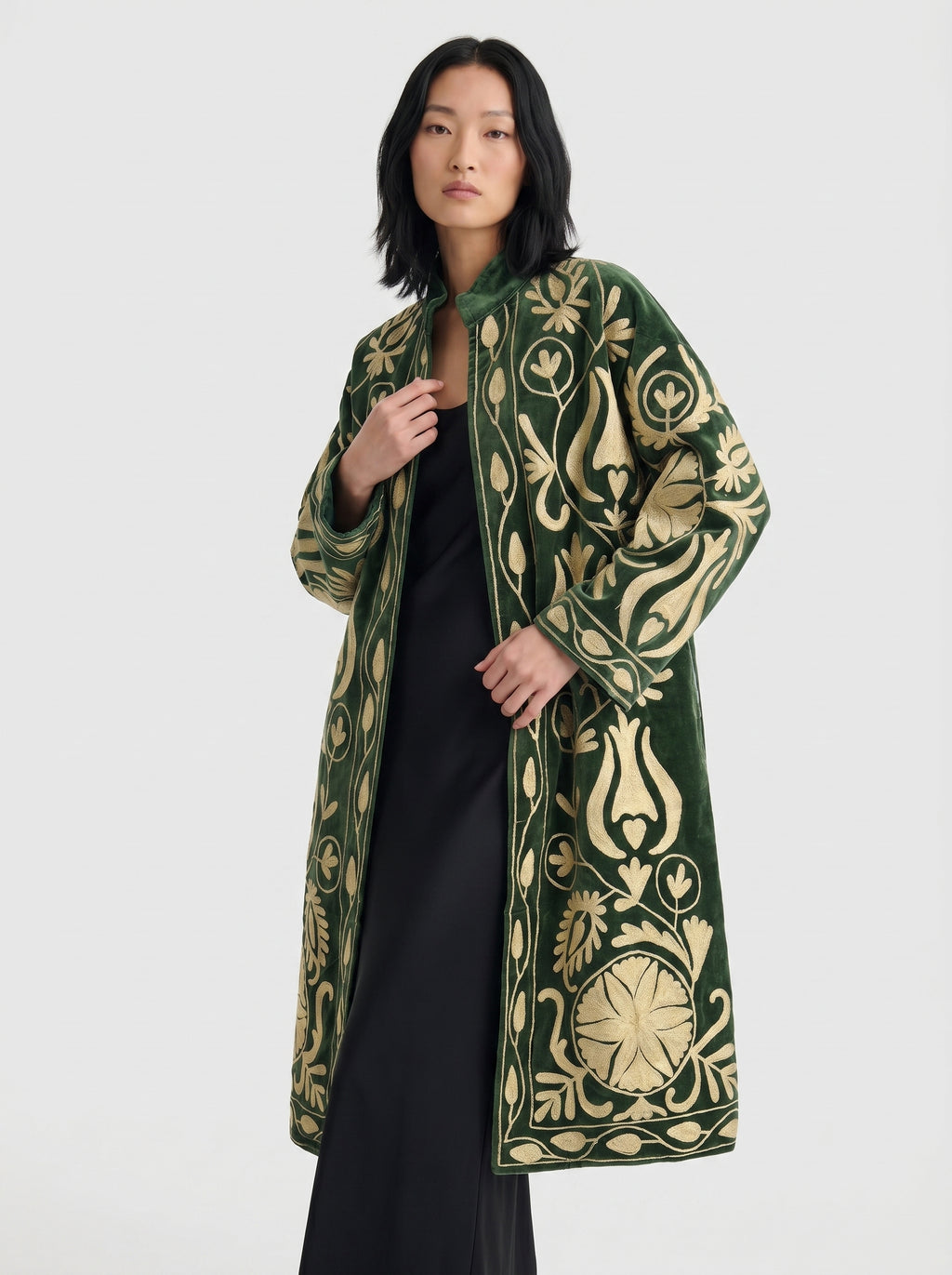 Forest Green Tulip Velvet Suzani Coat