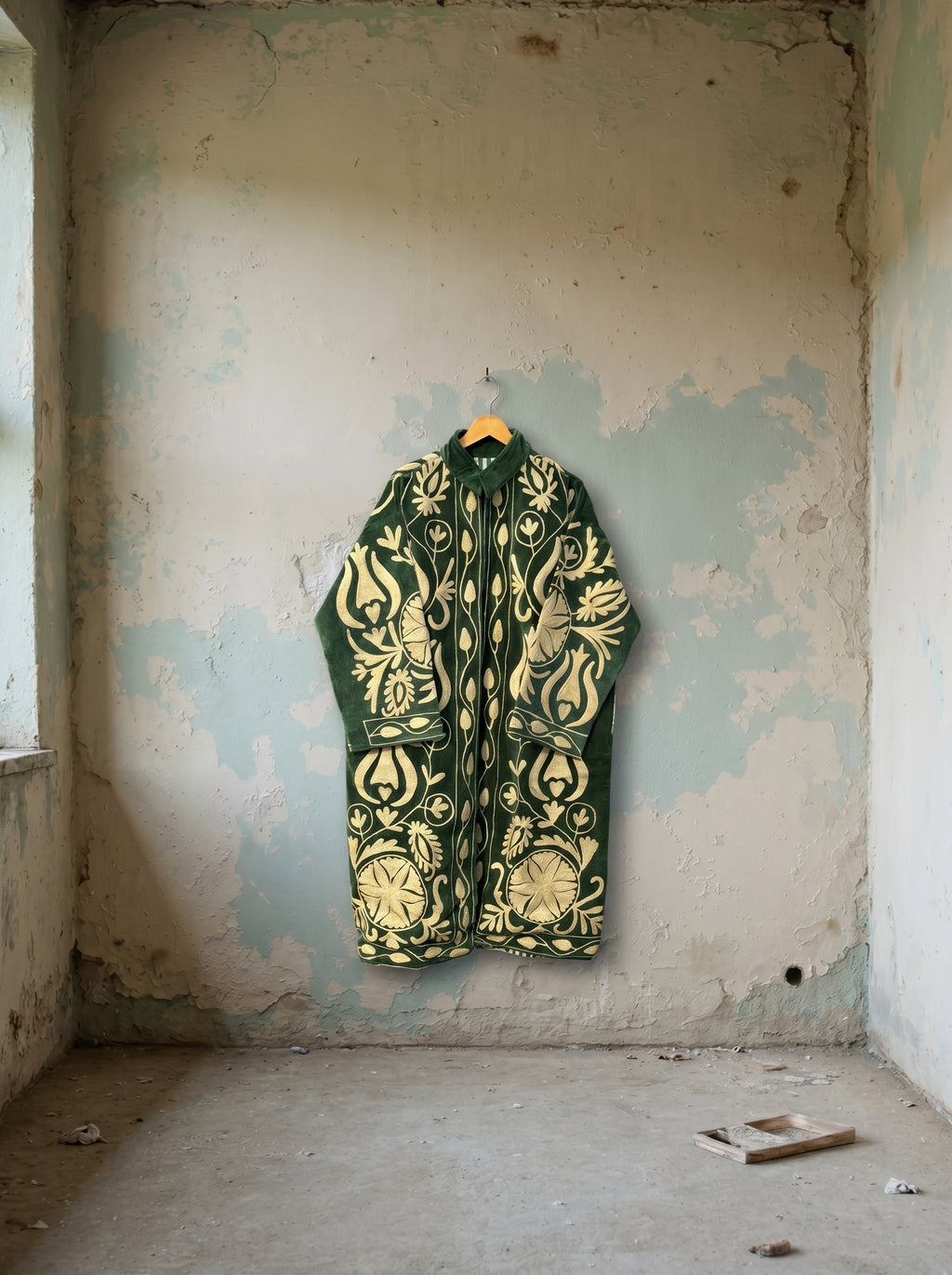 Forest Green Tulip Velvet Suzani Coat