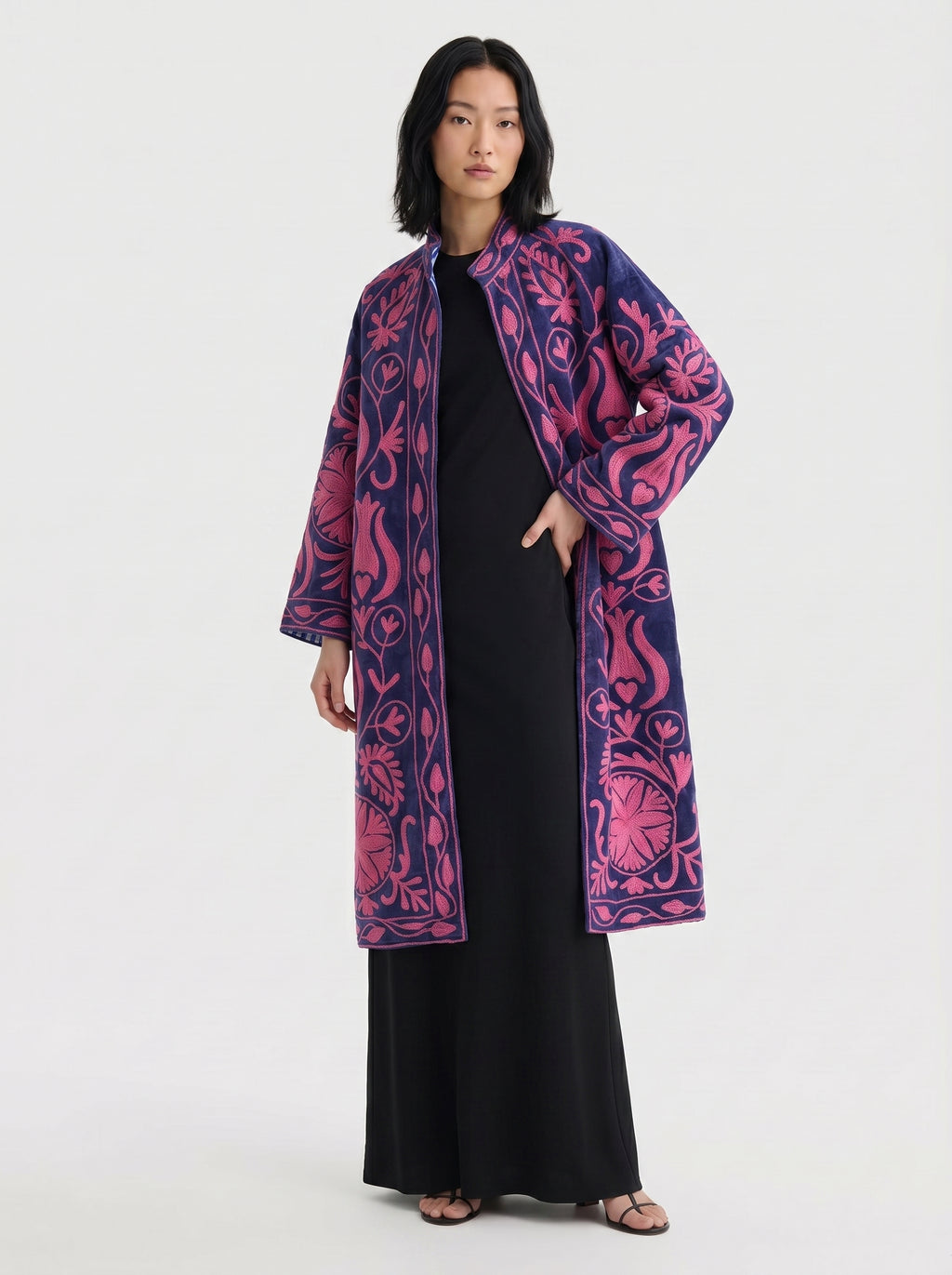 Navy Botanical Velvet Suzani Coat