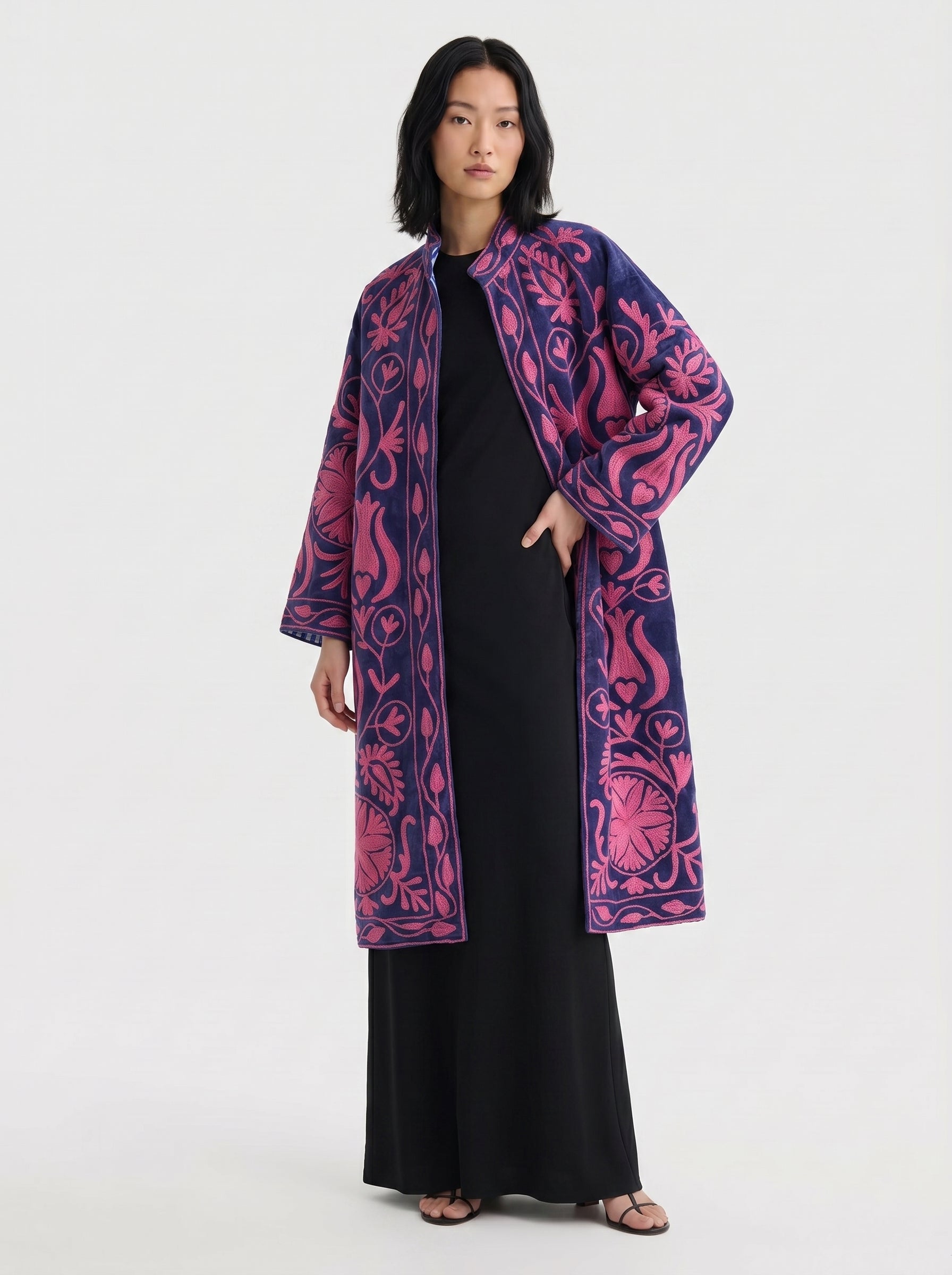 Navy Botanical Velvet Suzani Coat