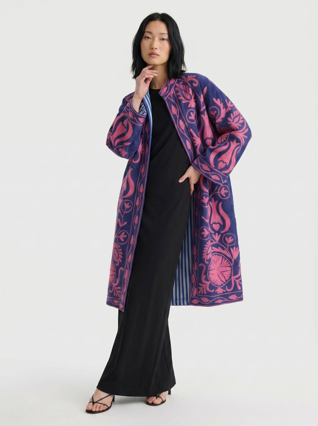 Navy Botanical Velvet Suzani Coat