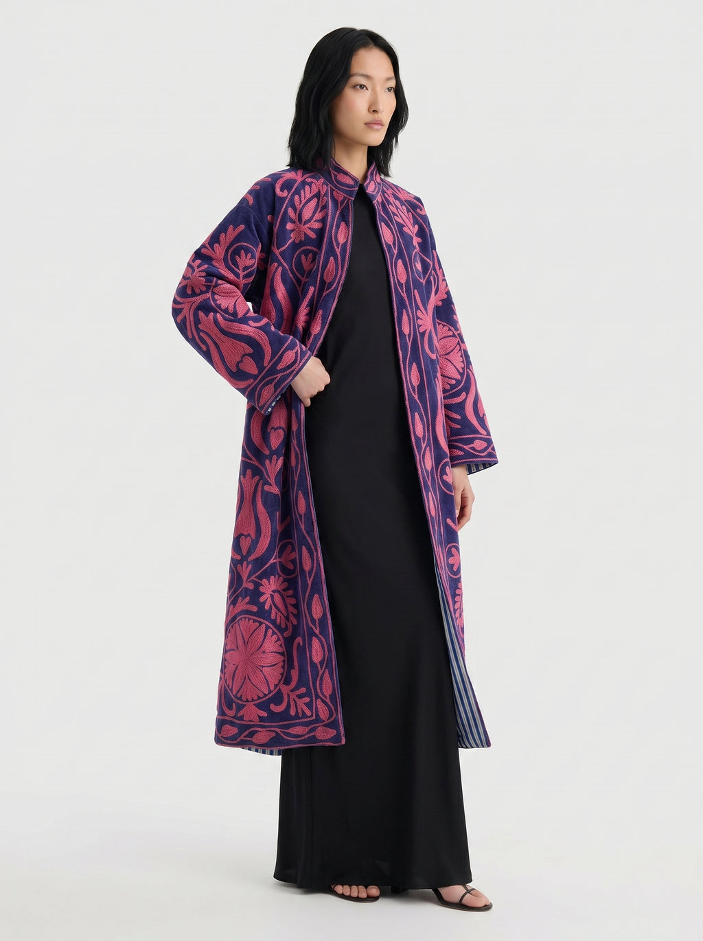 Navy Botanical Velvet Suzani Coat