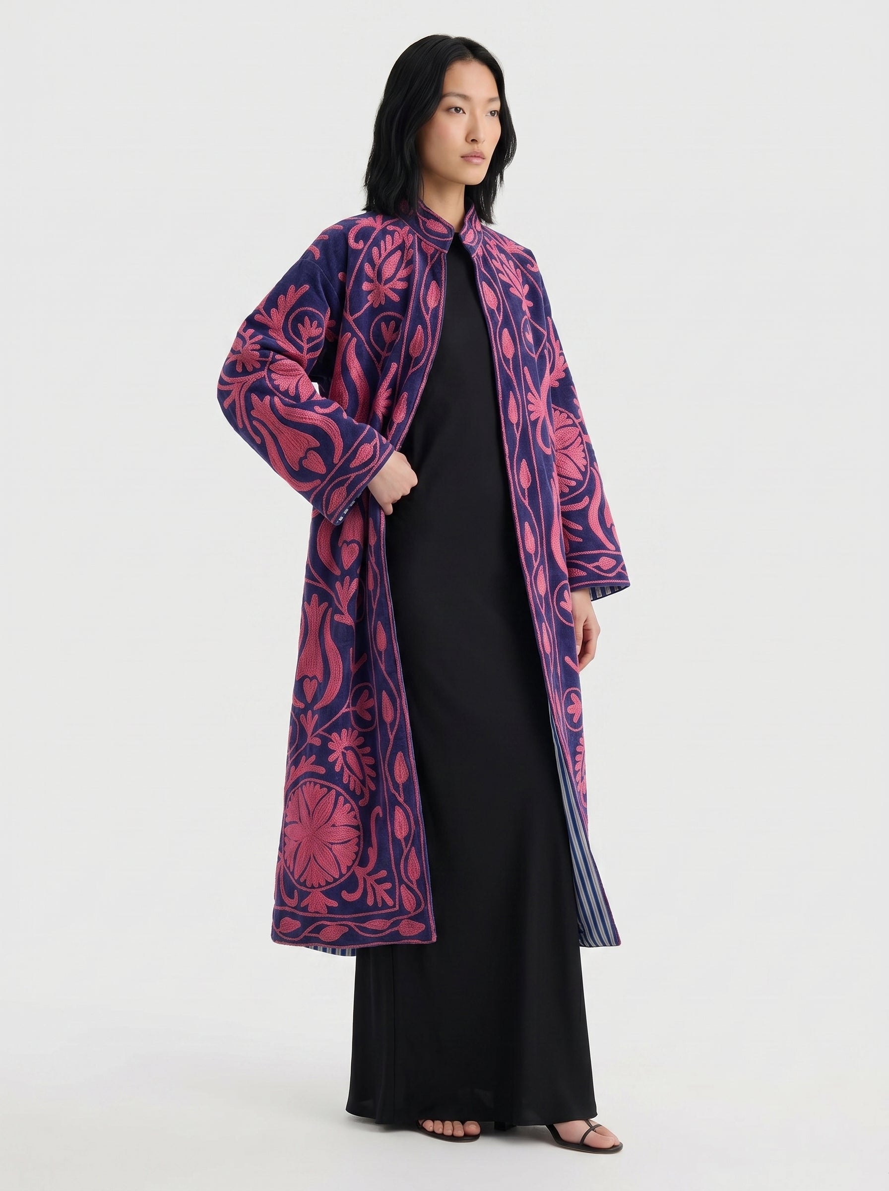 Navy Botanical Velvet Suzani Coat