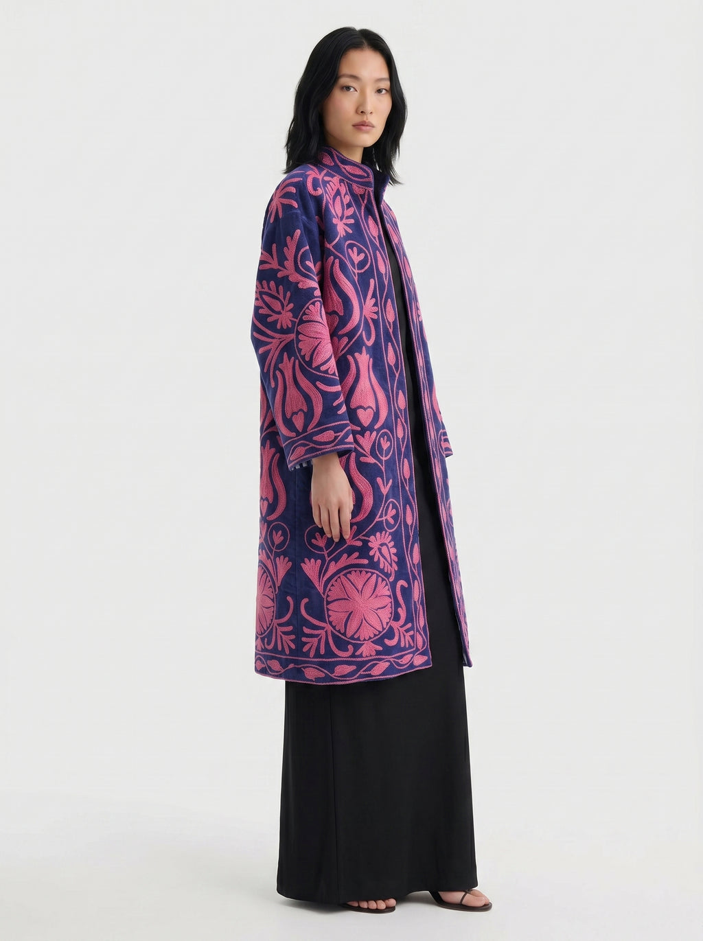 Navy Botanical Velvet Suzani Coat