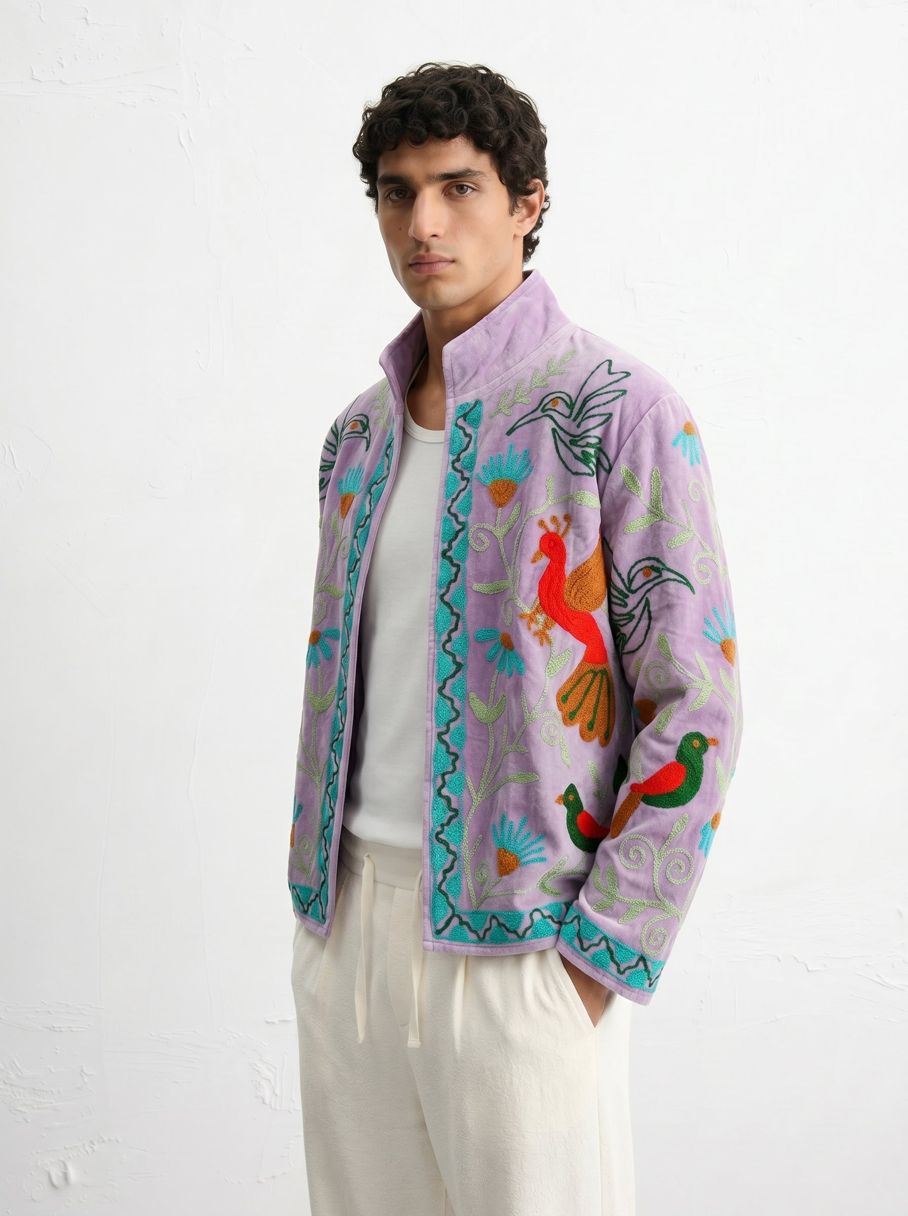 Lavender Bird Velvet Suzani Jacket