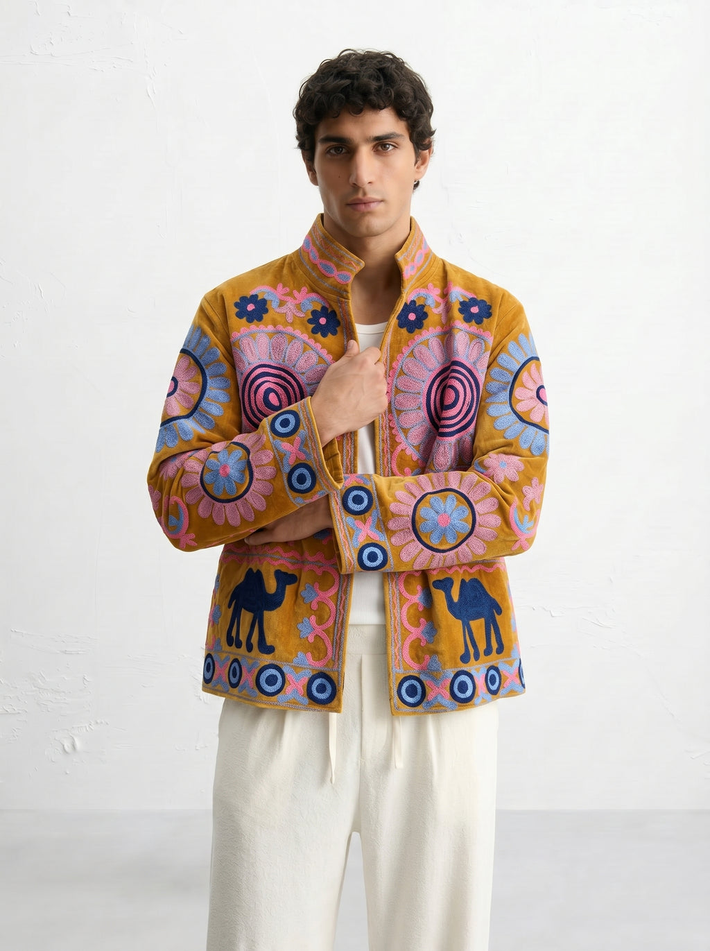 Mustard Camel Medallion Velvet Suzani Jacket