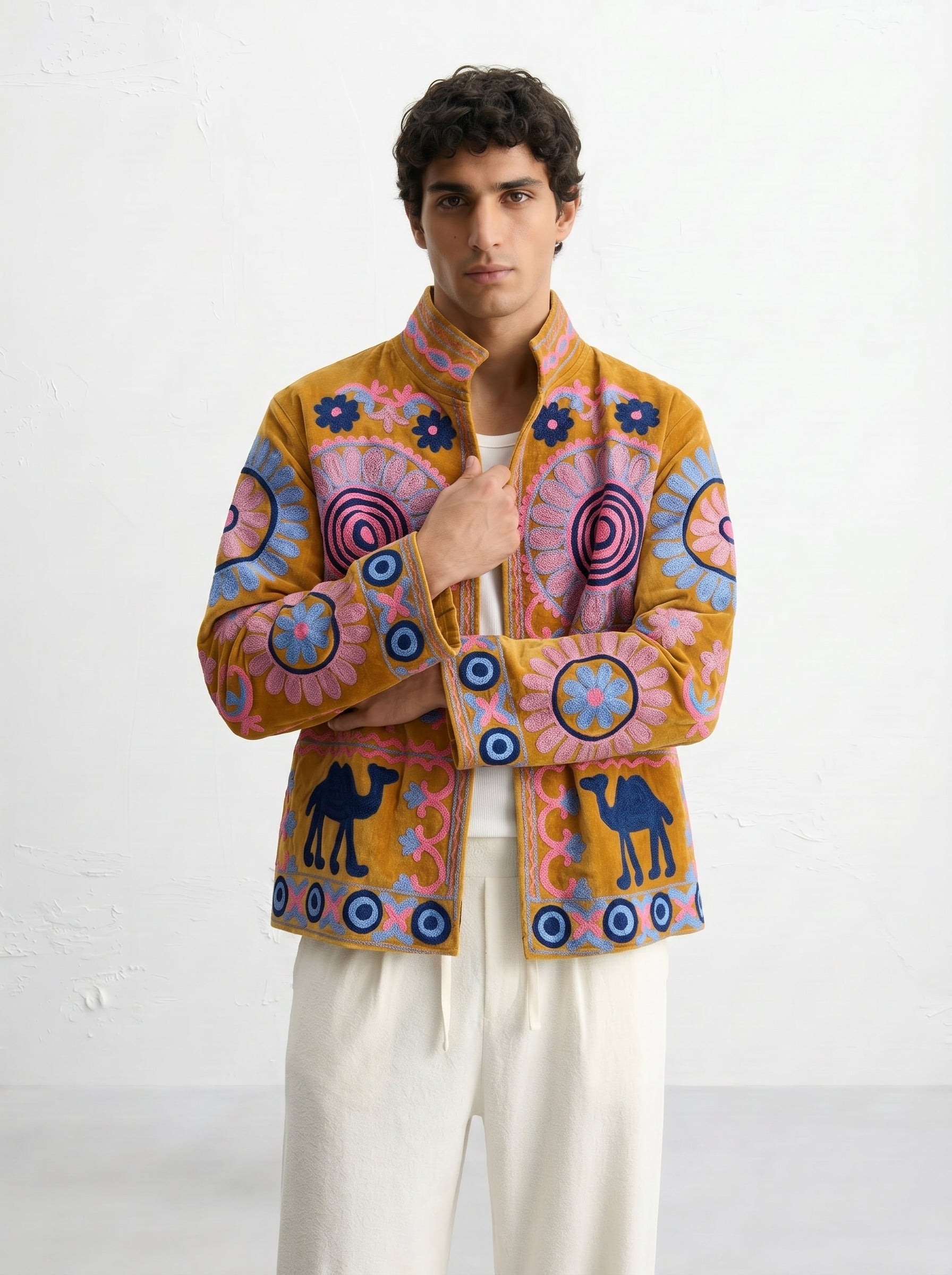 Mustard Camel Medallion Velvet Suzani Jacket