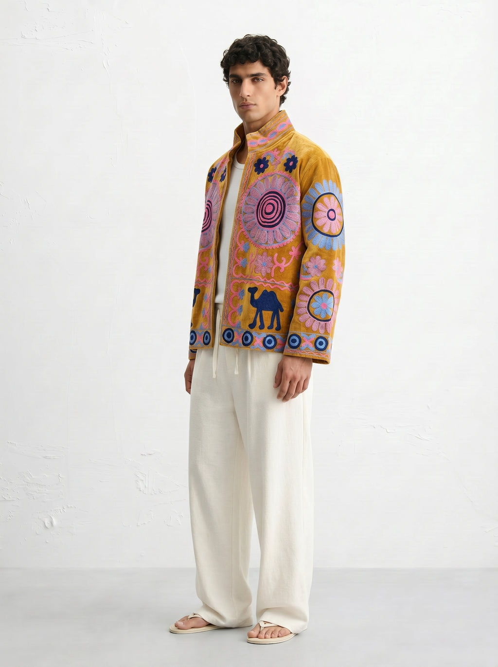 Mustard Camel Medallion Velvet Suzani Jacket