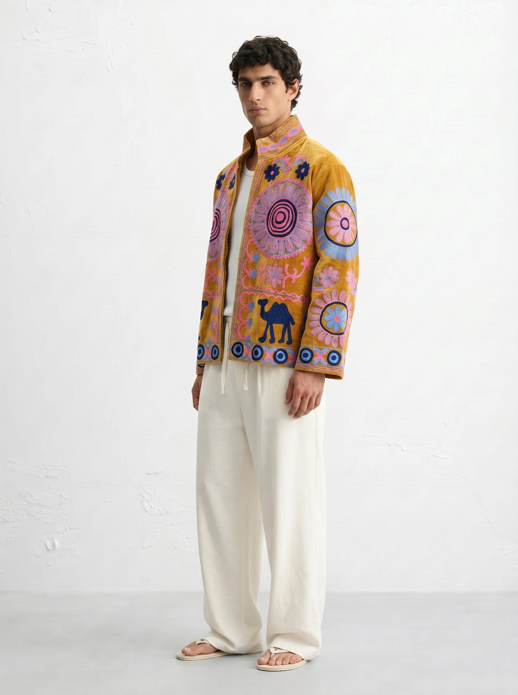 Mustard Camel Medallion Velvet Suzani Jacket