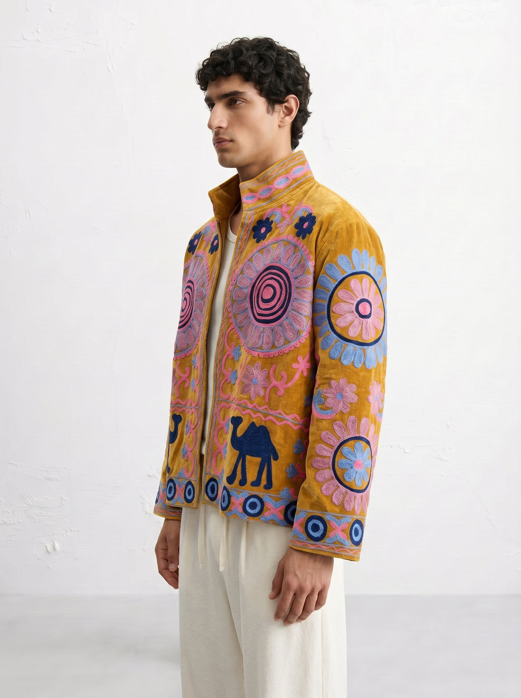 Mustard Camel Medallion Velvet Suzani Jacket