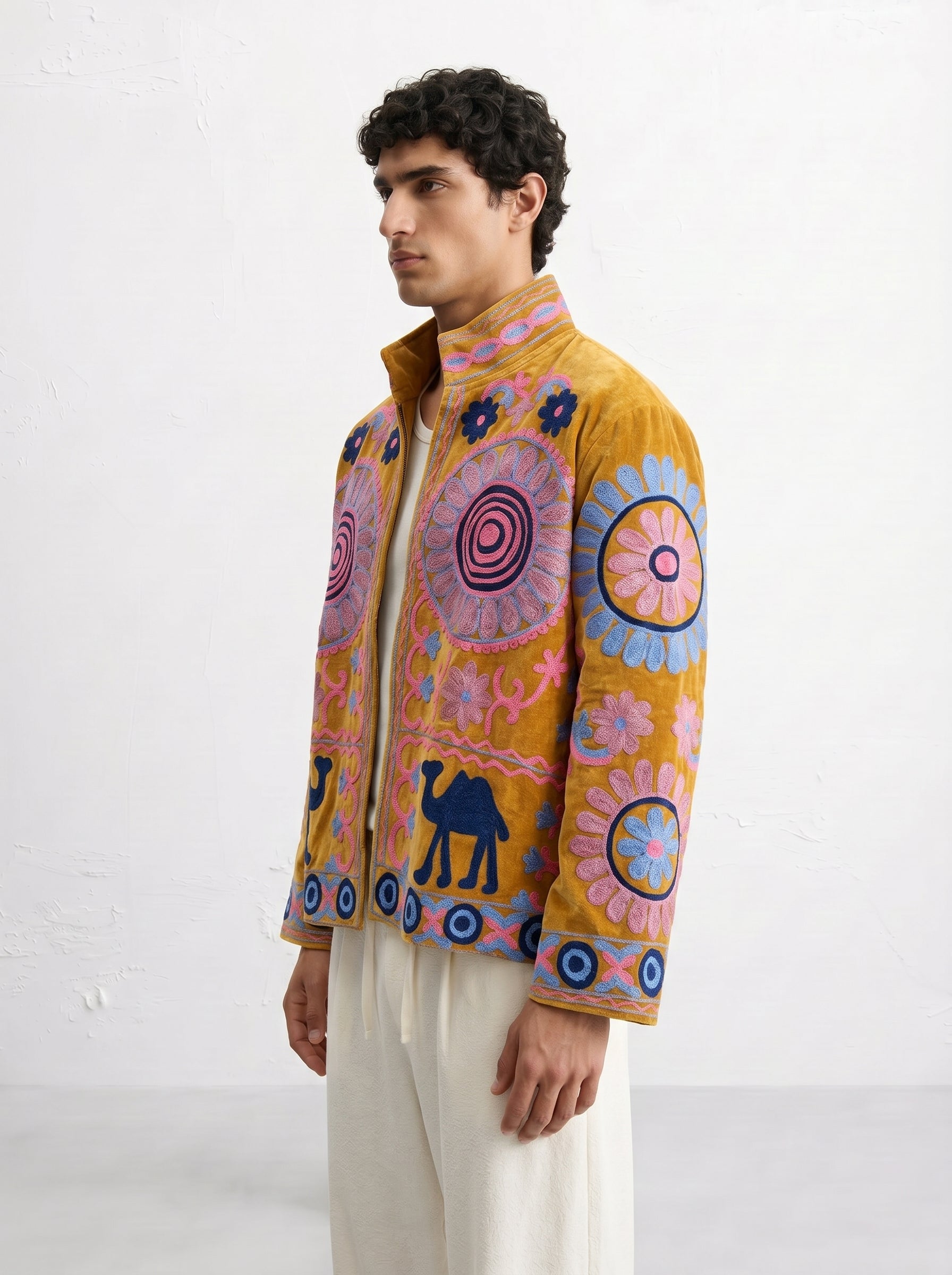 Mustard Camel Medallion Velvet Suzani Jacket