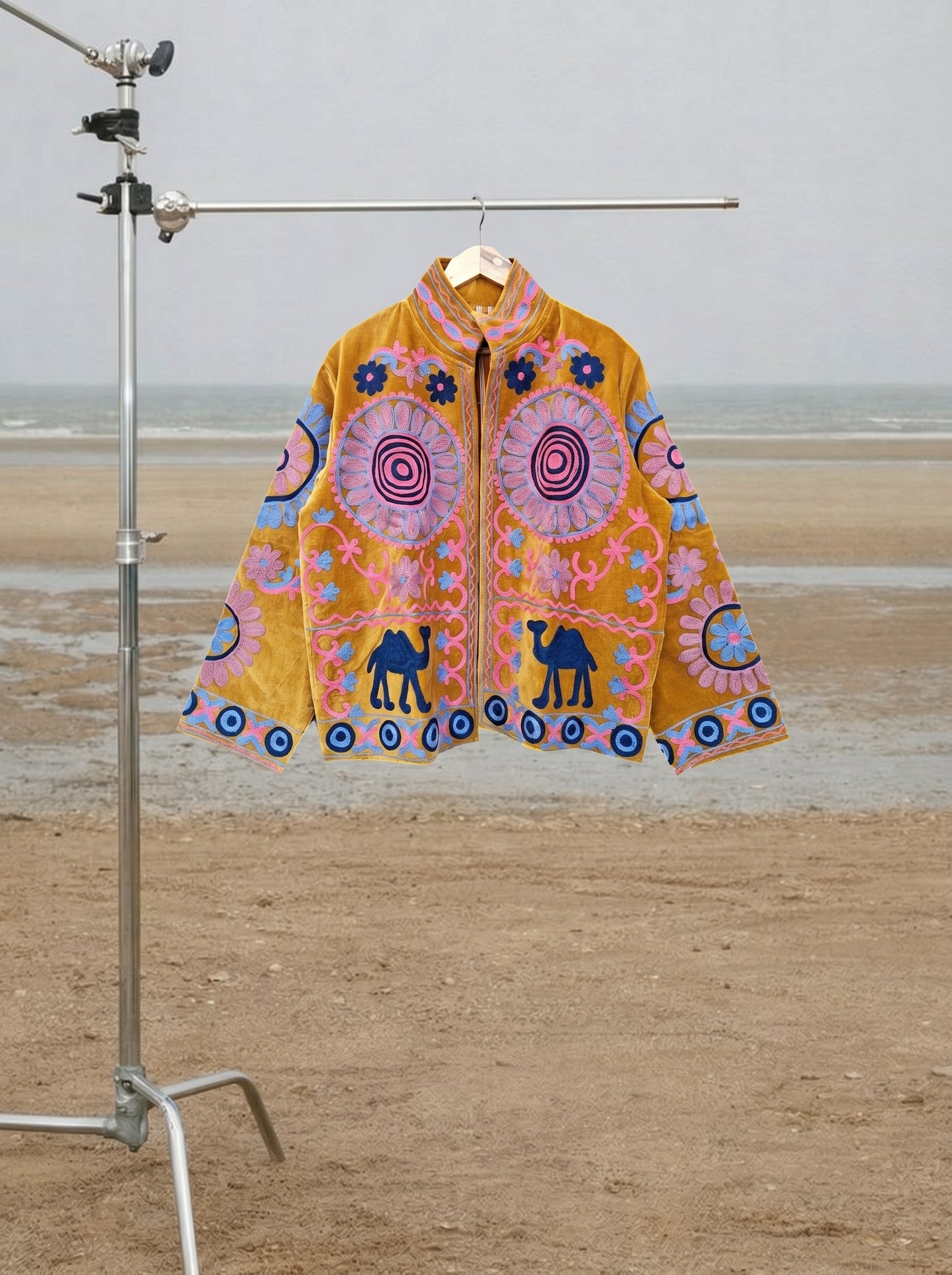 Mustard Camel Medallion Velvet Suzani Jacket