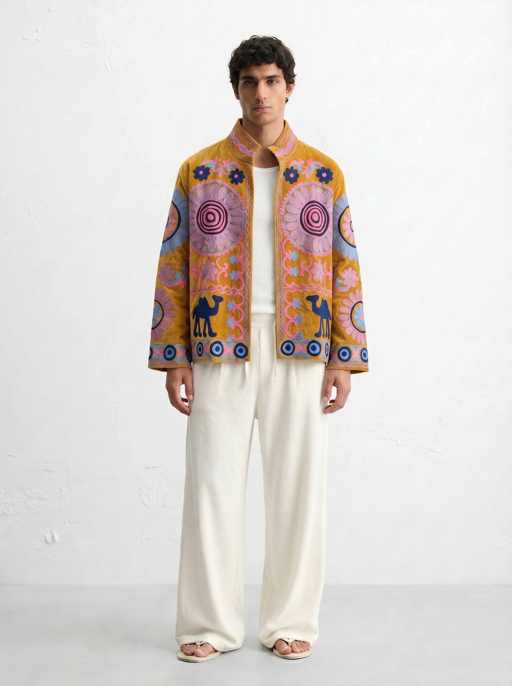 Mustard Camel Medallion Velvet Suzani Jacket